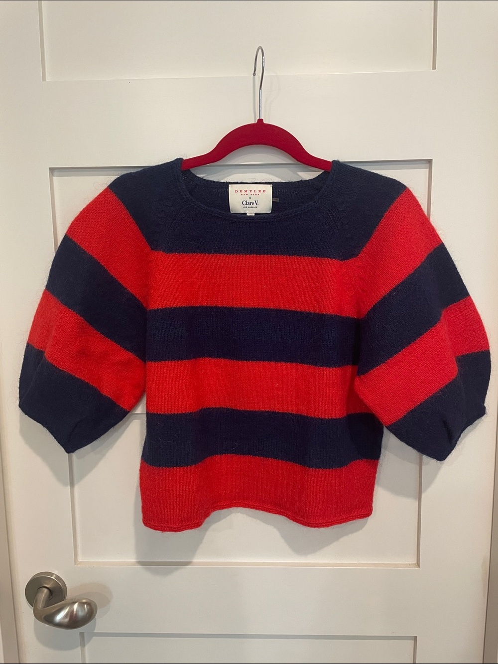 Clare V and demylee co lab. Red and Navy Striped Puff Sleeve Sweater